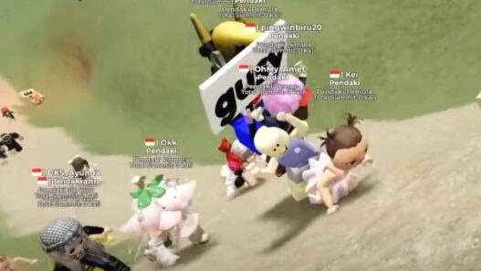 Contoh avatar roblox di royale high yang sedang memanfaatkan fitur gendong untuk membantu teman menyeberang jalur sulit