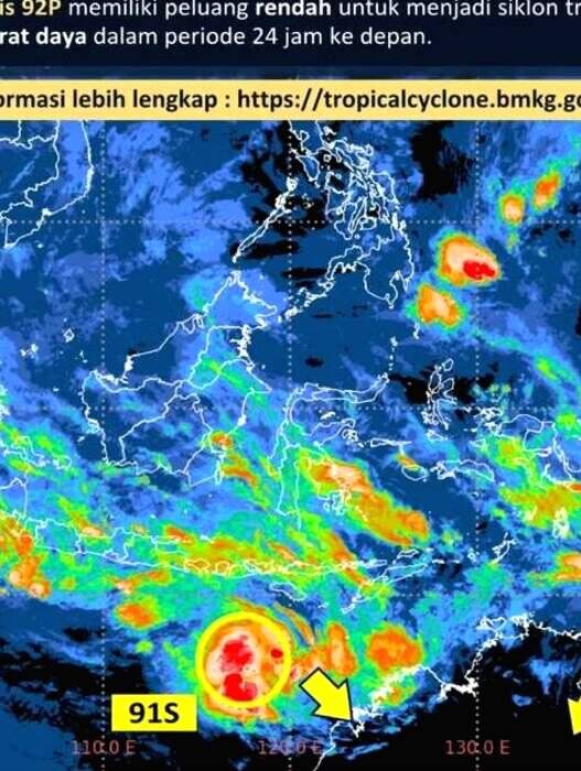 BMKG Prediksi Siklon Tropis 91S Akhir Januari